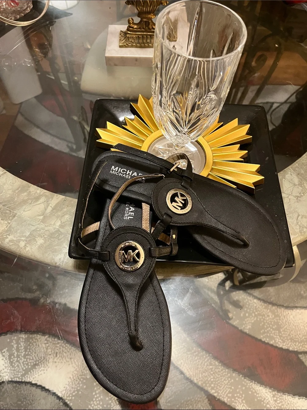 Michael Kors Black Logo Thong Sandals with Gold Medallion 💋